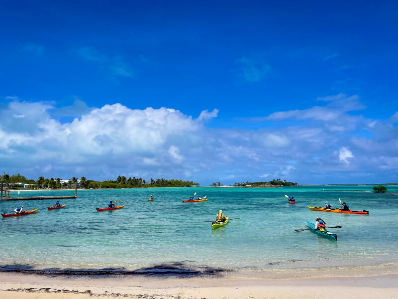 The image shows a beautiful beach scene with several people kayaking in the clear blue water. The sky is bright blue with fluffy white clouds. The kayaks are of different colors, and the overall scene is very picturesque and inviting. The beach is sandy, and there is some vegetation in the background.